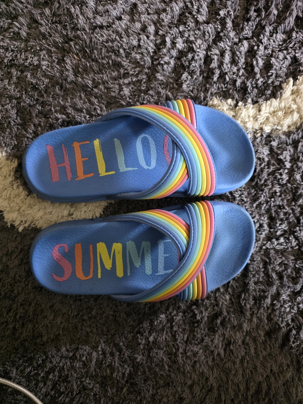 Kids Blue Slide Sandals with Rainbow Straps